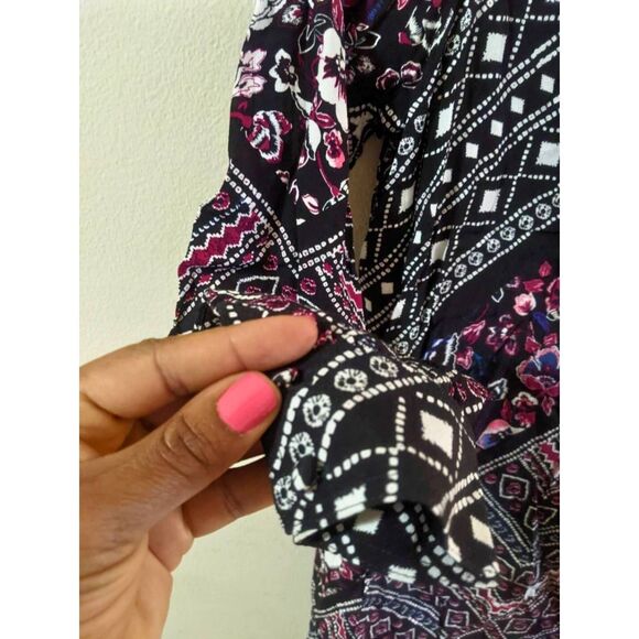 Express Tunic Mini Dress Women's Size XS Black Floral Boho Geometric Keyhole - Picture 6 of 10